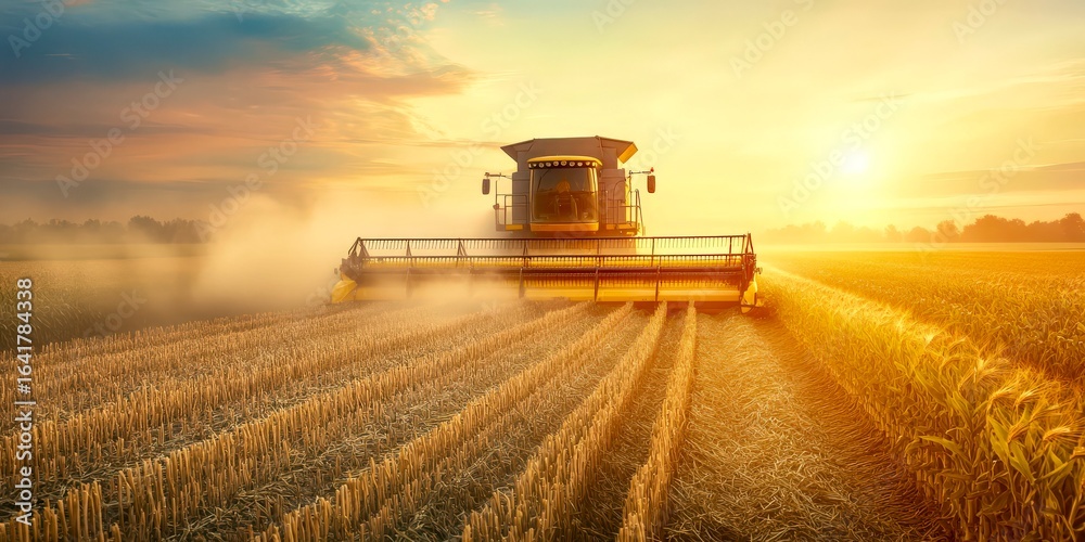 Fototapeta premium Combine harvester working at sunset in golden wheat field