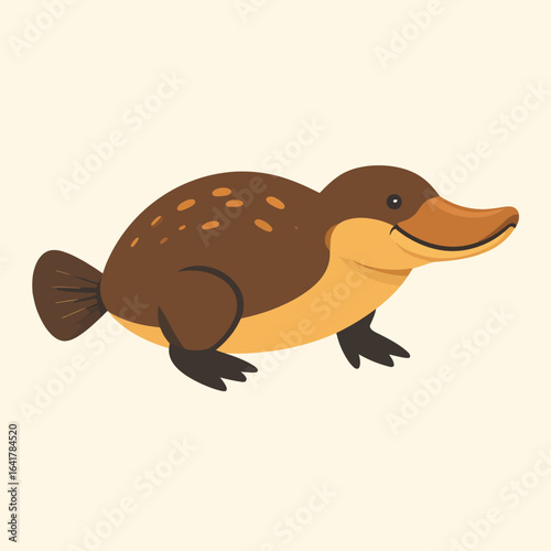 A cartoonish, brown and tan animal with a duck-like beak, webbed feet, and a paddle tail, isolated on a plain background