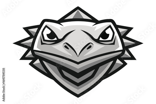 A spiky cartoon horned lizard stares ahead, rendered in grayscale, on white
