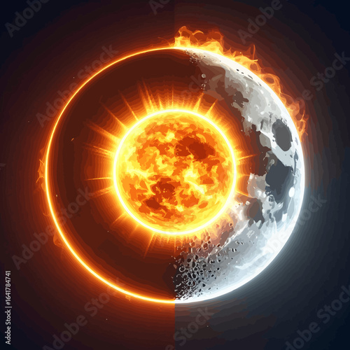 A celestial depiction showing a fiery sun at the center, encircled by a glowing ring, and a lunar body