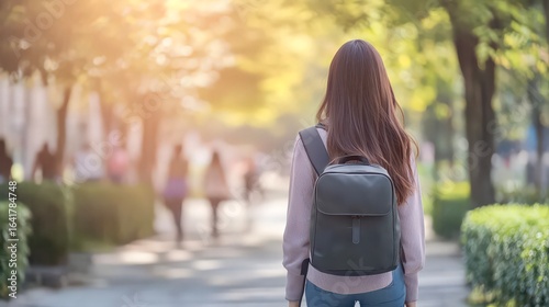 Student walking alone on path through green sunny campus