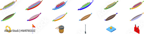 Dragon boat icons set. Dragon boat racing team paddling with drum, flag, paddle, life vest, and lifebuoy icons