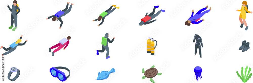 Fototapeta premium Children scuba diving icons set. Isometric divers swimming underwater, exploring marine life, using scuba gear, and wearing diving suits