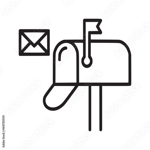 A simple line drawing of a mailbox with its flag up and a letter next to it on a white background
