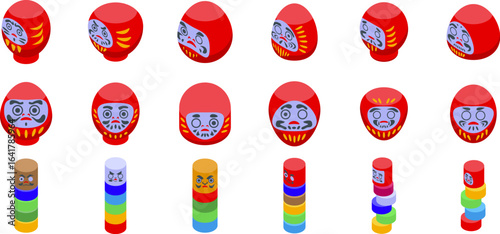 Daruma toy icons set. Isometric set of daruma dolls, embodying perseverance and luck, alongside colorful stacking toys