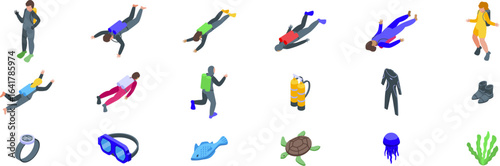 Children scuba diving icons set. Isometric divers swimming underwater, exploring marine life, using scuba gear, and wearing diving suits