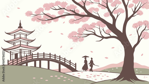 Japanese pagoda bridge landscape with cherry blossom tree