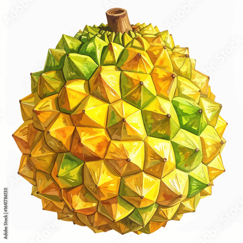 A colorful, spherical fruit with spiky, geometric segments, primarily yellow & green, a textured brown stem