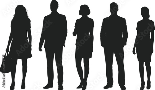 PrintBusiness people silhouette group, professional team standing, confident men and women, formal attire, corporate team, unity, leadership, isolated white background