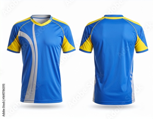 Dynamic blue and yellow sports jersey design template. Front and back view of a modern athletic t-shirt mockup for team apparel concept.