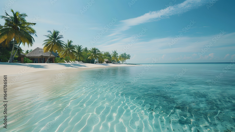 Fototapeta premium a tropical island with crystal clear water and a luxury resort in the background, palm trees waving in the breeze, empty beach foreground for text placement, cinematic travel ad, 16:9
