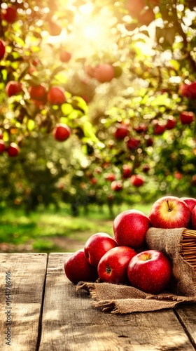 Wooden basket filled with apples under apple tree