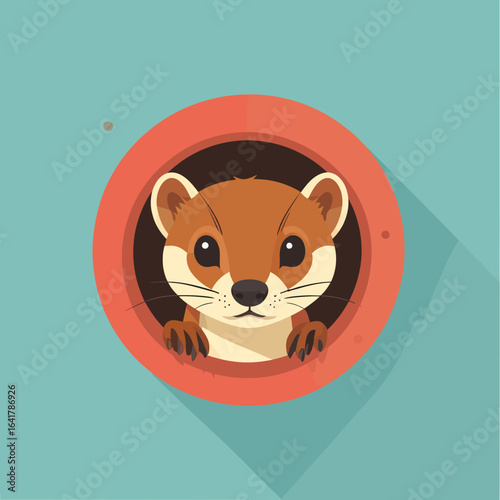 A cute, cartoonish weasel peeks out of a red circular opening.  Soft shadows create depth against a blue-green background