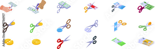 Scissors cutting money icons set. Scissors cutting money and cryptocurrency icons set isometric view representing financial crisis, budget cuts, and economic recession