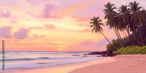 Sunset tropical painting palm trees scenic coastal ocean view