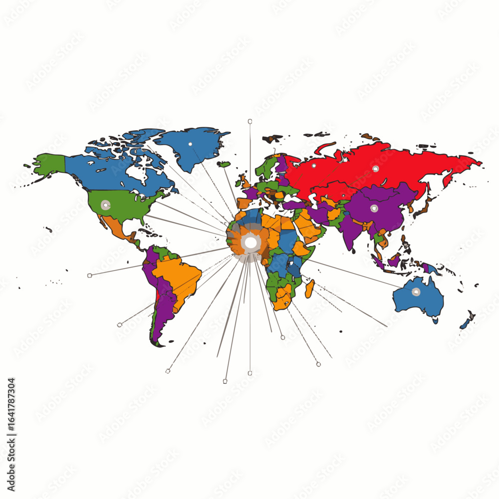 Obraz premium A vivid world map illustrates the intricate web of remote collaboration, showcasing global teams connecting and fostering virtual communication and unity worldwide.