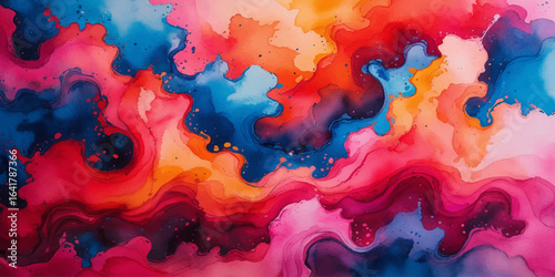 Color Explosion Fluid Painting with Red Blue and Yellow Flowing Patterns.
