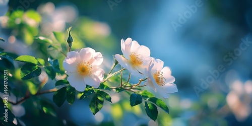 Fototapeta Naklejka Na Ścianę i Meble -  A closeup shot captures the delicate beauty of wild rose flowers in full bloom, their white petals contrasting against a soft, blurred background