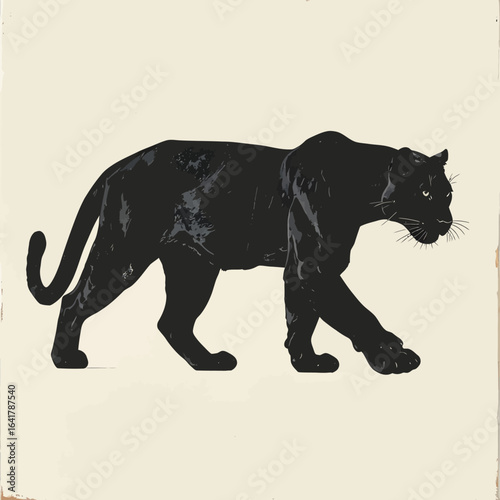 A detailed, black panther illustration walking to the right, set against an aged off-white background. Whisker details are present