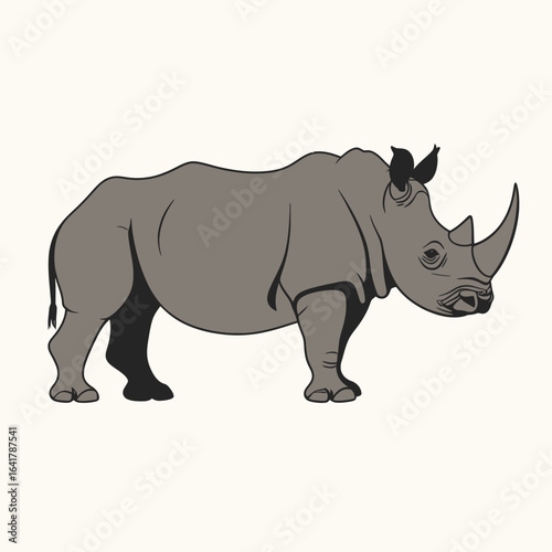 A detailed cartoon illustration of a rhino, colored in gray, featuring a prominent horn. Its form stands out