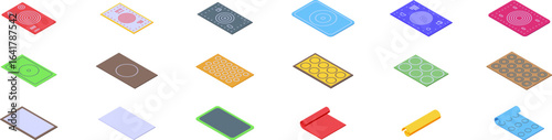 Baking mat icons set. Colorful orthopedic mats for acupressure and massage showing different textures and colors