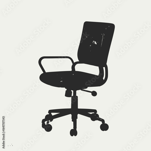 A detailed black silhouette of an office chair, angled slightly to the right. The chair features a back, seat, armrests, and wheels