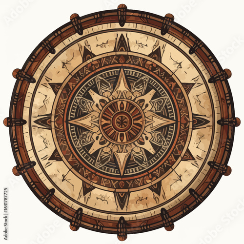 A detailed, circular illustration with a compass-like design, featuring intricate patterns and earth-toned colors. Wooden frame surrounds