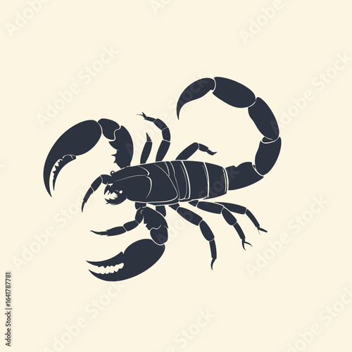 A detailed graphic illustration of a scorpion in dark blue on a light tan background.  Its claws are prominent