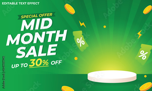 Mid Month Sale Green Stage Banner with Coupons and Coins