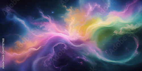 Fantasy Space Scene with Bright Nebula Clouds and Distant Starfield.