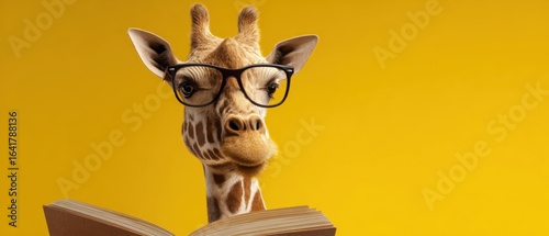The giraffe wearing glasses reading a book against a bright yellow background.