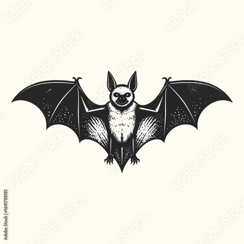 A detailed illustration of a bat with outstretched wings. Depicted in black ink on an off-white background. The bat has a sinister grin