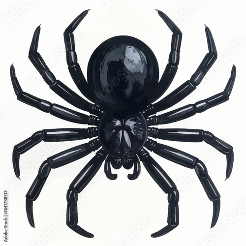 A detailed illustration of a glossy black spider with segmented legs, prominent abdomen, and a head that appears ready