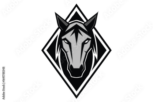 A gray horse head faces forward, encased in black and white diamond vector