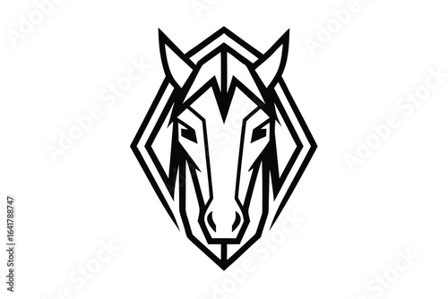 Geometric horse head outline stands sharply against a white background emblem