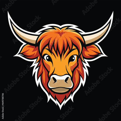 Highland Cow Head Illustration with Horns and Detailed Fur