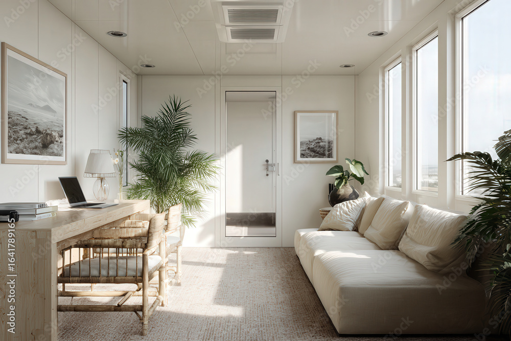 Fototapeta premium modern minimalist home office designed like space capsule featuring ecofriendly materials and ultrabright lighting