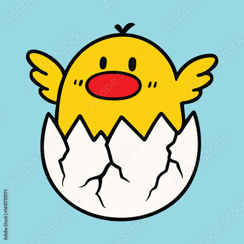 Cute cartoon yellow chick hatching from cracked eggshell on blue background