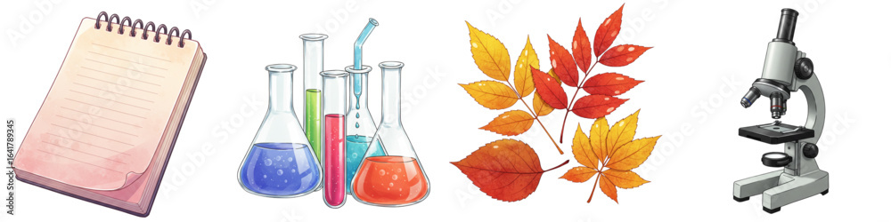 Fototapeta premium Set of isolated laboratory equipment with autumn leaves and notebook 
