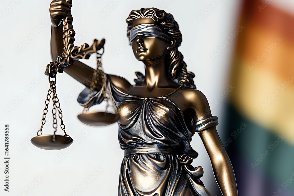 Bronze statue of Lady Justice holding scales against rainbow background, symbolizing equality and legal rights. Classical Themis sculpture represents law and order. Bronze statue of Lady Justice holding scales against rainbow background, symbolizing equality and legal rights. Classical Themis sculpture represents law and order.