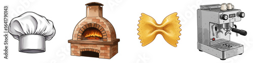 Chef's hat, brick oven, pasta bow tie, and espresso machine concept of Italy  