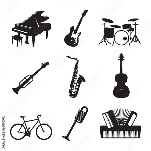 Set of musical instrument icons including piano, guitar, violin, saxophone, accordion, drums, and bicycle silhouette isolated on white background