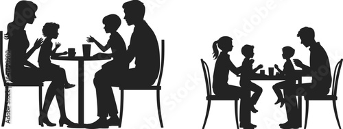 PrintFamily eating together, parents with kids, dinner time, restaurant scene, silhouette vector, bonding moment, black and white illustration, lifestyle concept
