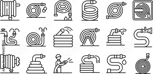Fire hose icons set. Set of minimalist fire hose icons depicting various types of reels, nozzles, and a firefighter using a hose, ideal for safety and emergency preparedness visuals