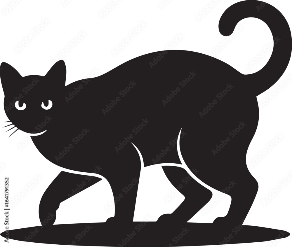 Obraz premium A cute black cat silhouette is sitting in a cartoon illustration, with a tiny mouse nearby