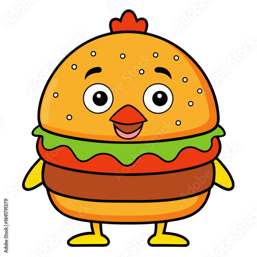  cartoon illustration of a chicken burger character with a hamburger bun as its head