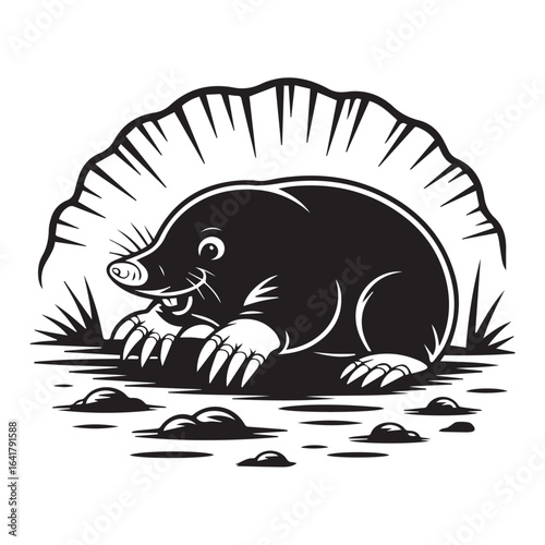 Stylized illustration of a mole emerging from its burrow, symbolizing nature, wildlife, and the challenges of gardening or pest control