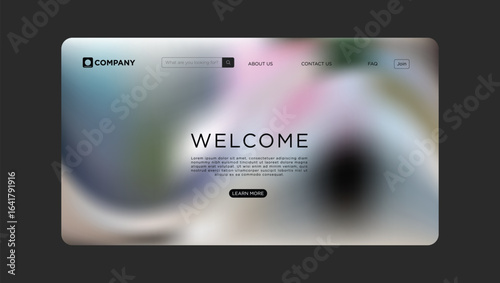 Modern website landing page design with blurred background and minimalist navigation elements aesthetic