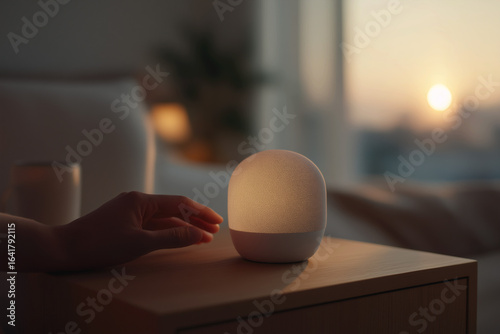 Hand Reaching to Adjust White Noise Machine in Cozy Hotel Room at Sunset