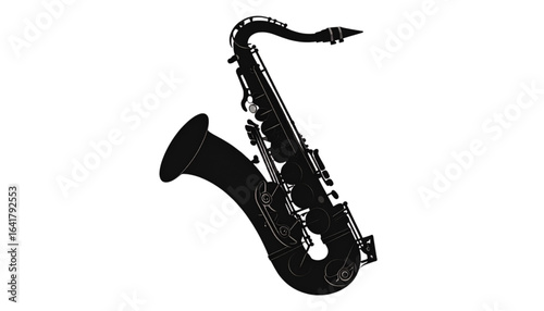 Silhouette of a tenor saxophone, musical instrument, black and white illustration.